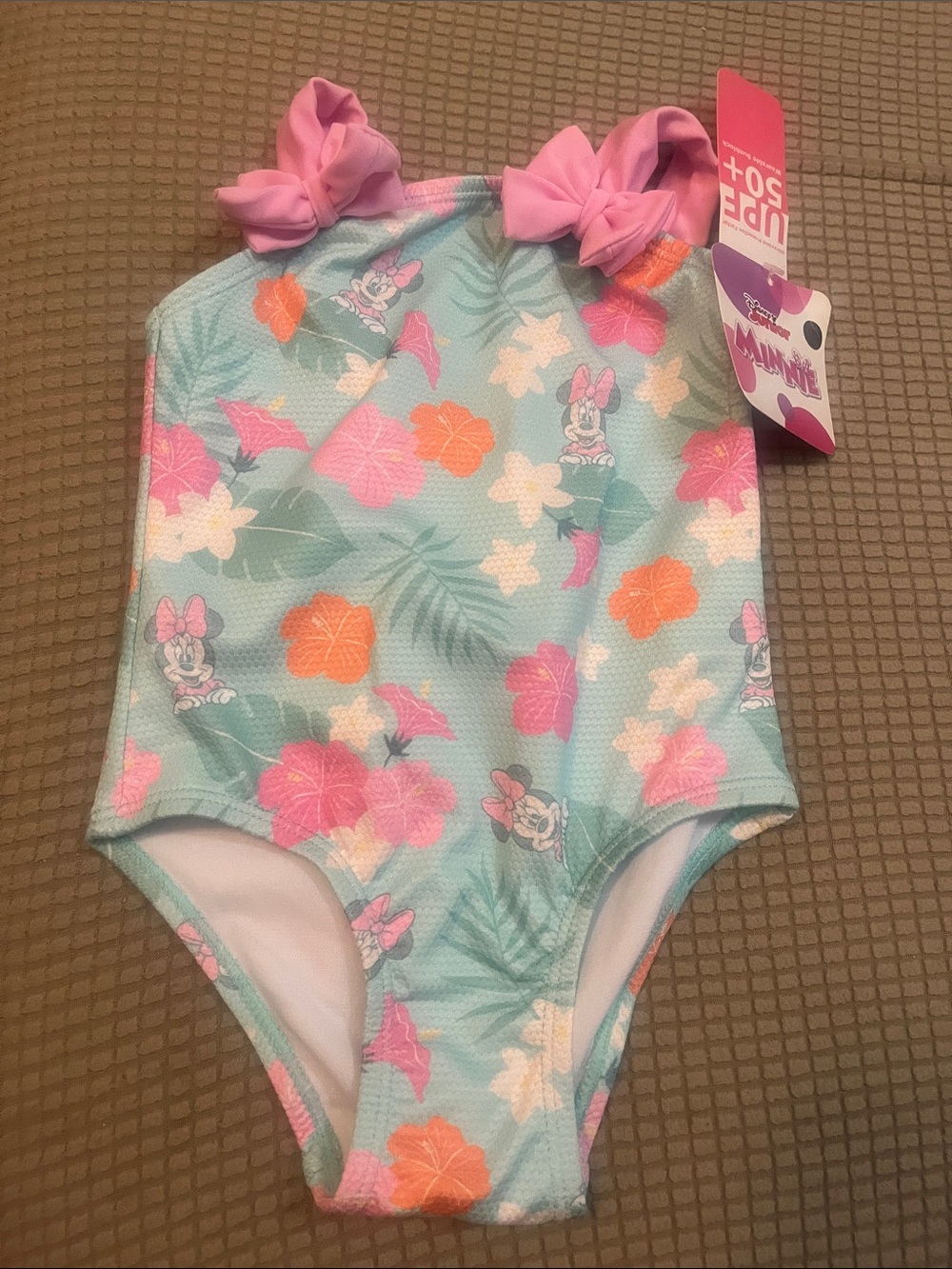 Disney Aqua Floral Minnie One-Piece Swimsuit with Pink Bow Straps